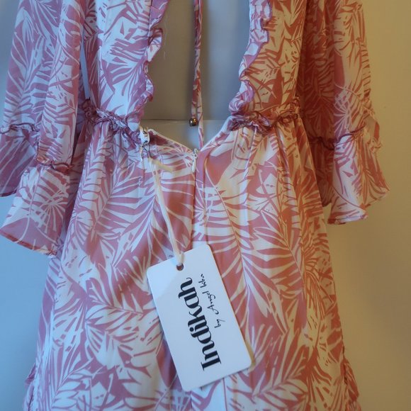 NWT WOMENS INDIKAH ANGEL BIBA PINK WHITE RUFFLED FLORAL V-NECK MINI DRESS S * - Picture 9 of 10